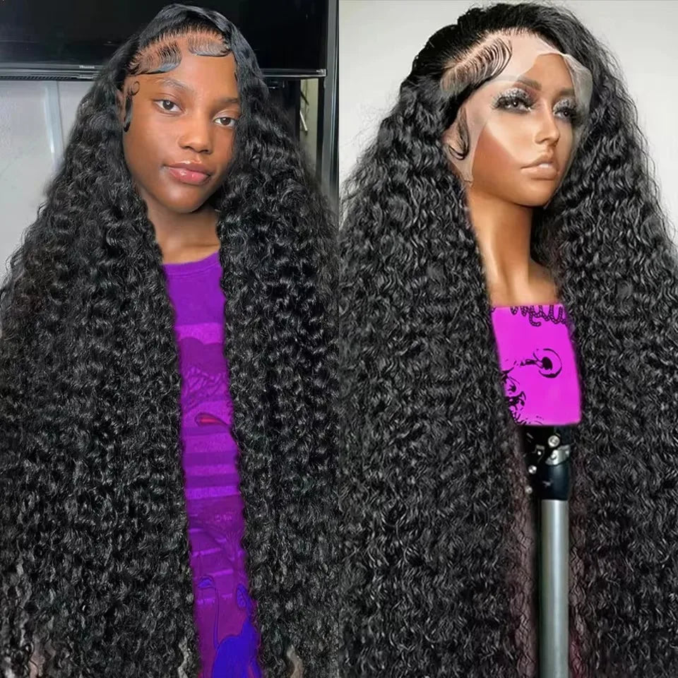 Person wearing a black wig with a purple shirt, next to a mannequin head with a similar wig.