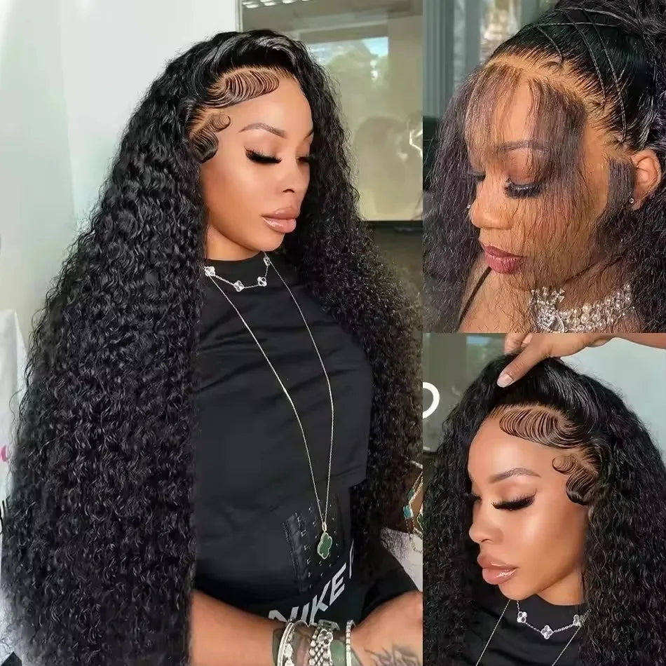 Woman with styled hair, close-up of hairline, and side view of wig.