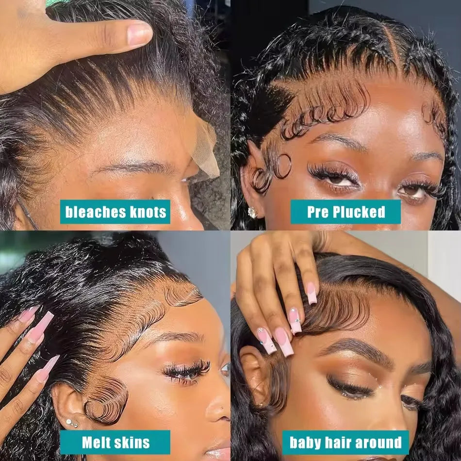 Collage of a woman with different hair care steps labeled on a white background