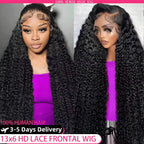Black lace front wig with a model wearing it, set against a gray background.