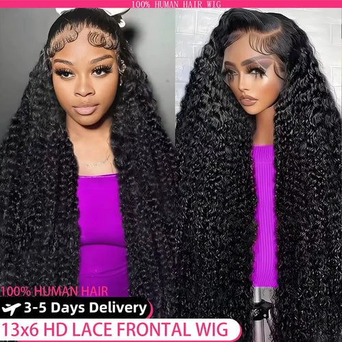 Black lace front wig with a model wearing it, set against a gray background.