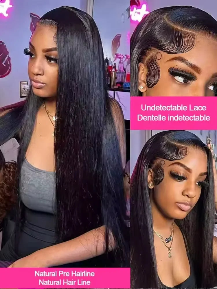 13x6 HD Lace Front Human Hair Wig, Straight Brazilian Remy Hair, Pre-Plucked, 200% Density, Natural Black