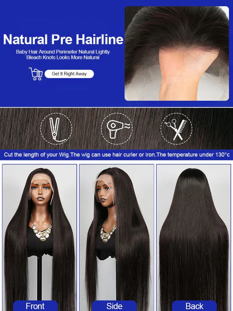 40 Inch Bone Straight Brazilian Human Hair Wig 13x4 13x6 HD Lace Full Frontal 300% Density