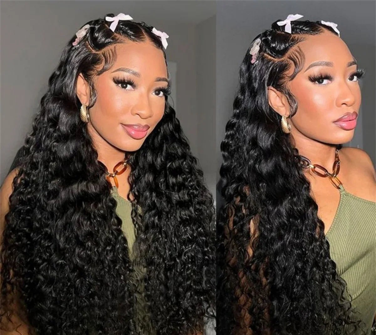 Model wearing a long black deep wave 5x5 lace closure wig, front and side views