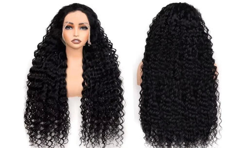 Long black deep wave HD lace wig on a mannequin, front and back views