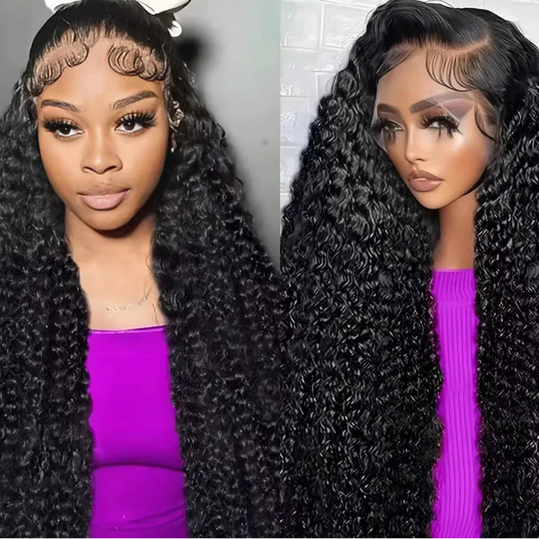 Two models wearing a long black deep wave lace front wig with defined curls and a styled baby-hair hairline