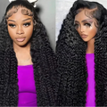 Two models wearing a long black deep wave lace front wig with defined curls and a styled baby-hair hairline
