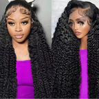 Two models wearing a long black deep wave lace front wig with defined curls and a styled baby-hair hairline