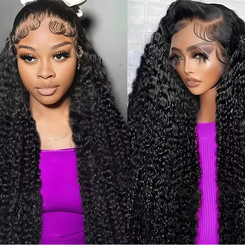Two models wearing a long black deep wave lace front wig with defined curls and a styled baby-hair hairline